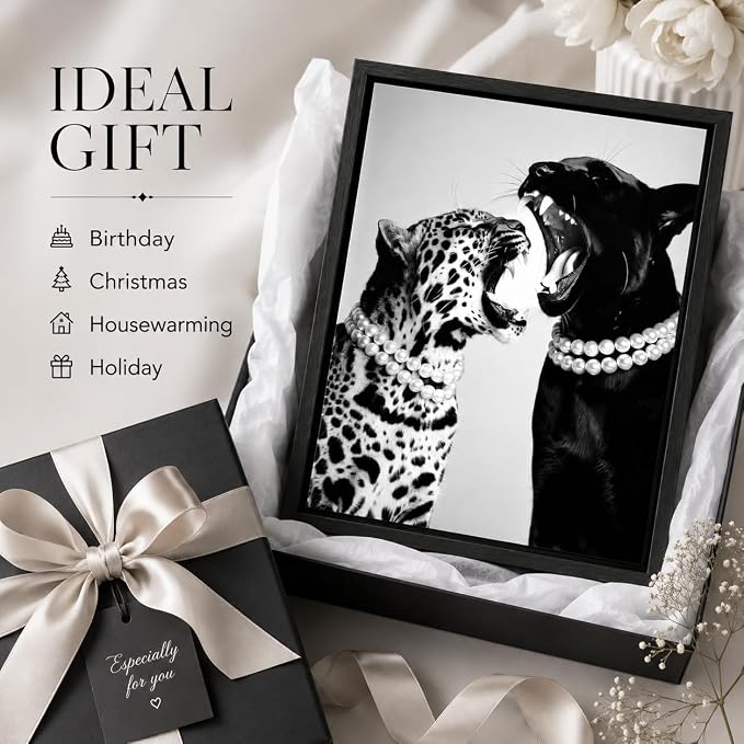 Framed Fashion Leopard Canvas Wall Art Trendy Black White Cheetah Picture Wall Decor Luxury Feminist Poster Print for Girls Bedroom Dorm Bar Cart Home Decoration 16x24in