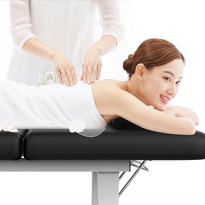 pouseayar Metal Frame Wide Stationary Massage Table for Treatment Table Physical Therapy Table Spa Facial Bed, PU Leather 31.5'' Wide 75'' Long (Black, Segmented Structure)