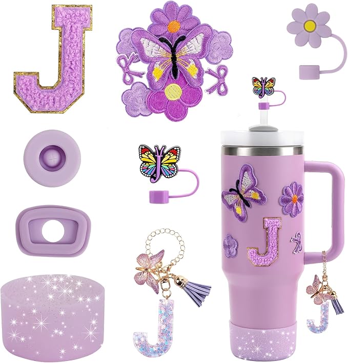 15PCS Cup Accessories Set for Stanley Cup 30oz 40oz Tumbler with Handle, Including Silicone Straw Cover and Boot, Spill Proof Stopper, Stanley Charms, Handle Charm, Initials Sticker