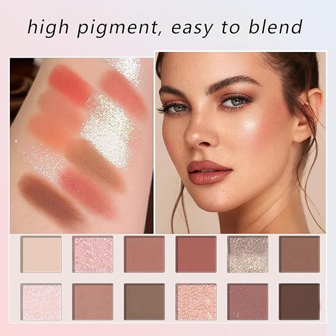 K'APEINE Warm Brown Eyeshadow Palette, 12 Colors Blush Eyeshadow Pink Red Eye Shades Matte Shimmer Eye Shadow High-Pigmented Makeup Palette for Women Daily, Party, Music Festival, Stage Performance
