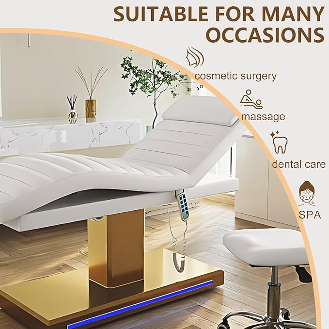 Massage Table-Electric Massage Table with White Light Luxury Style, Facial Beauty Table Includes Intelligent Angle Adjustment, Ambient Light