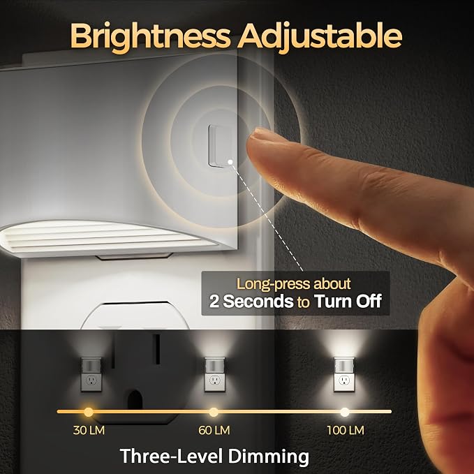 Night Light, Night Lights Plug into Wall, Adjustable, 5000K | 3 Level Brightness Adjustable Night Light, Dusk to Dawn Sensor Nightlights for Adults, Bedroom, Bathroom, Hallway, 4 packs