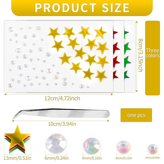 Christmas Star Face Stickers Gems for Makeup, 3 Sheets Red Gold and Green Face Glitter Rhinestone jewels, Self Adhesive Face Eye Nail Body Gems Stick on for Xmas Rave Festival Accessories