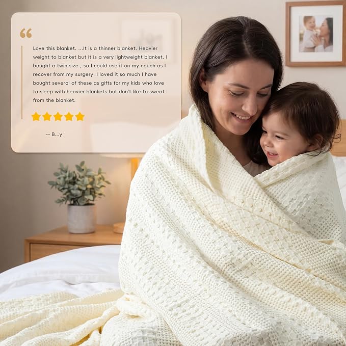 PHF 100% Cotton Waffle Weave Blanket Queen Size, Lightweight Breathable Summer Blanket for Hot Sleepers, Pre-Washed Soft Layer for Bed, Couch, Aesthetic Home Decor & Gift, 90"x90", Ivory