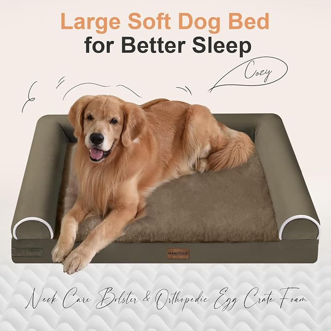 Orthopedic Dog Bed for X-Large Dogs, 40 x 32 Inch, Brown | Egg crate foam for joint support, 3-sided bolster pet sofa, waterproof lining, washable cover, and non-skid base