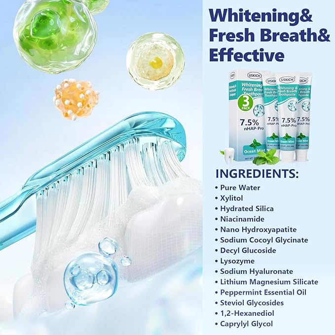 3 Pack Natural Whitening Fluoride Toothpaste,Whitening Toothpastes with Ocean Mint,Nano Hydroxyapatite Toothpaste, Appropriate for Sensitive Teeth - for Adult, Kids Oral Care,3 Oz Tubes