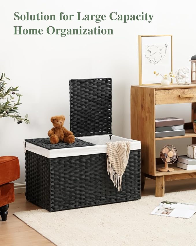 SETVSON Storage Basket with Lid Wicker Baskets for Storage, 160L Black | 42.3 Gallon Dual Lid Jumbo Blanket Storage Trunk, Divided Clothes Organizer, 2 Washable Liner Bags, Collapsible PE Rattan Bin