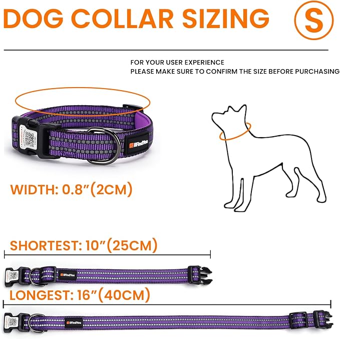 Personalized Dog Collar with QR Code Dog Tag, Purple S | Anti-lost, 1000D nylon, reflective, padded, XS-L(8"-24"), QR buckle shares lost pet profile, location alerts when scanned