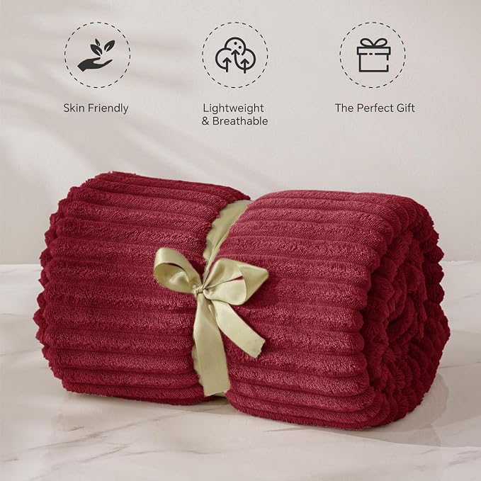 BEDELITE 3D Ribbed Burgundy Fleece Throw Blanket for Couch, 50x60 Inch | Soft Warm Decorative Fluffy Blanket, Cozy Plush Lightweight Fuzzy Throw Blanket for Bed Sofa Home Room Decor, Gift for Women