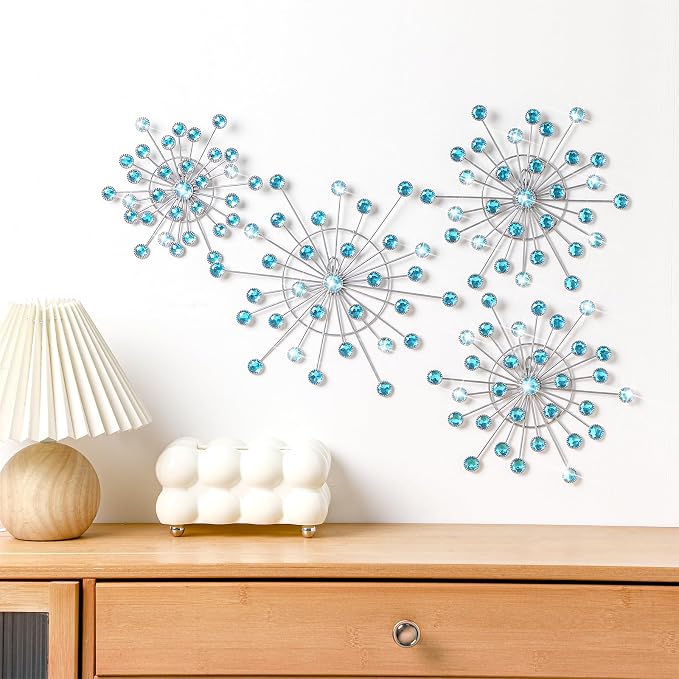 Blulu 4 Pcs Metal Wall Decor Bling Crystal Wall Art Cast Iron Rhinestones Sunburst Decor Starburst Art Hanging Diamond Accents Home Decorative for Living Room Bedroom Entryway (Blue)