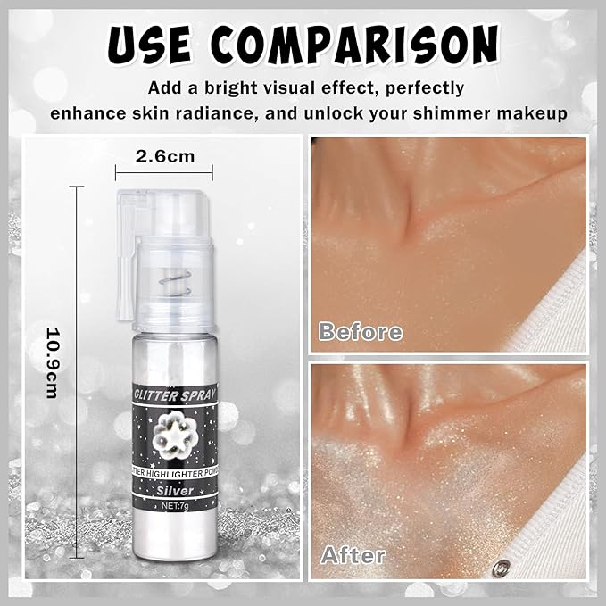 AWCCXMYM Body Glitter Spray Sparkle Hairspray Highlighter Glitter Shiny Spraay for Hair and Body,Face Glitter Powder for Halloween,Christmas,Concert Accessories Party Body Makeup(Silver)