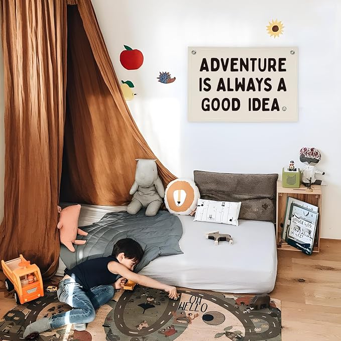 Nursery Decor, Boys Room Decoration Adventure Is Always A Good Idea Motivational Banner for Playroom, Nursery Hanging Linen Banner Wall Canvas Flag, Toddler Teen Room Dorm Decor 30x20