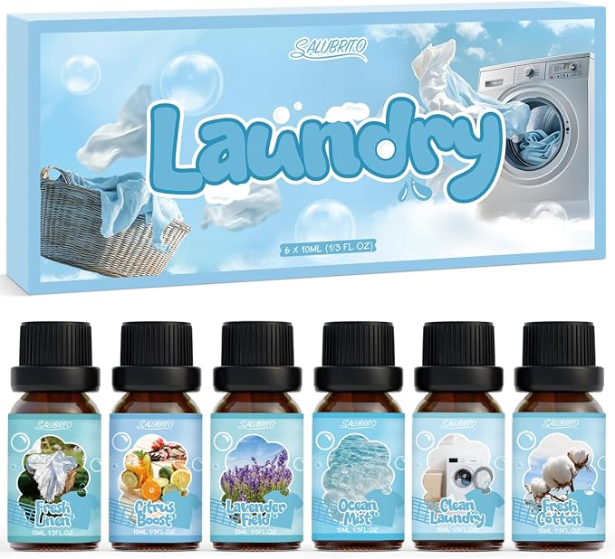 SALUBRITO Laundry Fragrance Oils, Clean Essential Oil Set for Home & Diffuser, Use With Wool Dryer Balls, Fresh Linen, Fresh Cotton, Lavender Field, Citrus Boost, Ocean Mist, Clean Laundry Scented Oil