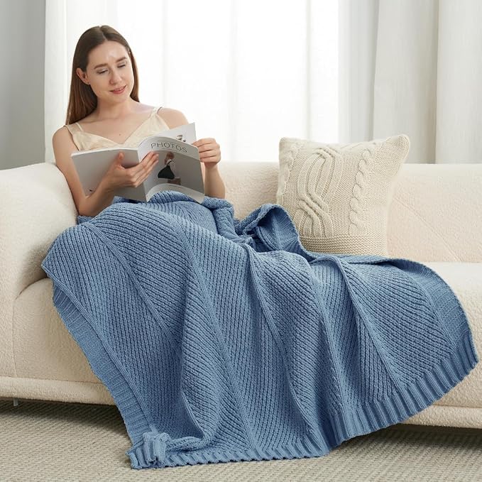 Knit Throw Blanket, Soft Chenille Cozy Breathable Chevron Chunky Decorative Blanket for Couch, Bed & Sofa, French-Inspired Lightweight Warm Gift for Women, Washed Blue, 50"x60"