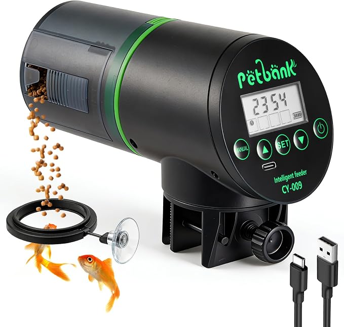 Automatic Fish Feeder for Aquarium Easy Setup & 4 Timers Black | 200ML Rechargeable Auto Food Dispenser for Flakes & Pellets, LCD Display, Vacation Feeding for Small Tank Betta Koi Turtle