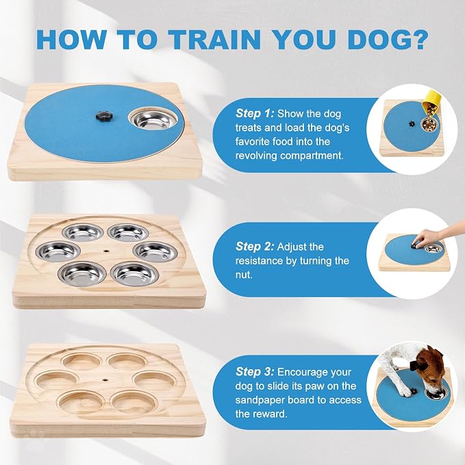 Dog Nail Scratch Board with Treat Board, Stress-Free Nail Care for Dog | Wood Scratching Pad with Sandpaper and 6 Steel Bowls, Nail File Toy for Dog