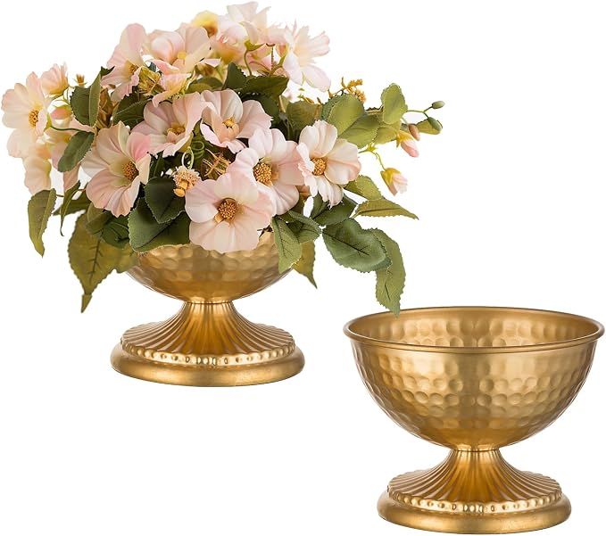 Sziqiqi Gold Urn Vase for Flowers, Wedding Table Compote Vases, 4.3in, 2Pcs | Hammered Vintage Urn Vase, Wedding Table Decoration Centrepieces Set, For Artificial Flowers,Party, Home Decor, Anniversary
