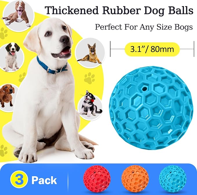 3 Pack Indestructible Squeaky Dog Balls for Aggressive Chewers, Interactive Dog Toys for Teething, Relieving Anxiety. Chew Toy for Large, Medium Breeds, Outdoor Rubber Balls.