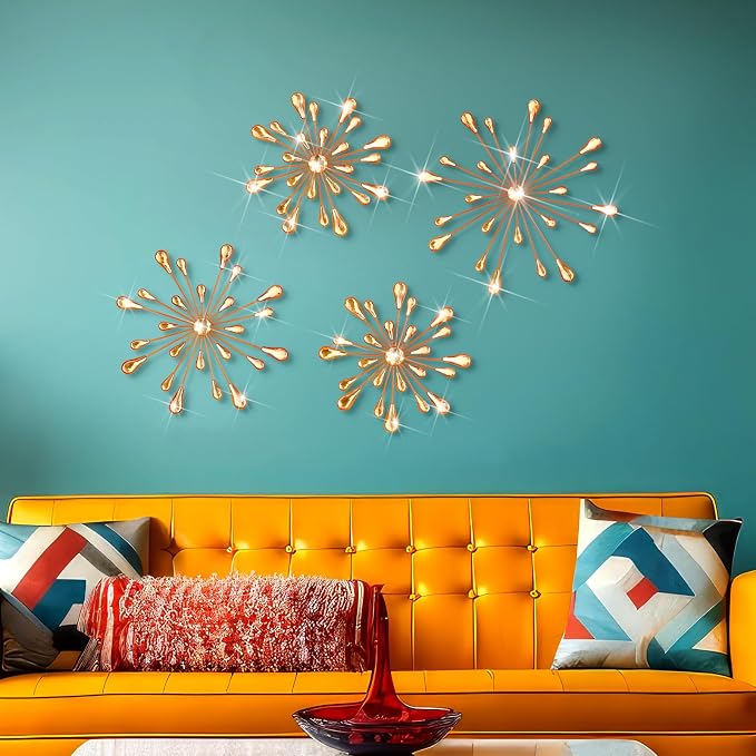 Hicarer 4 Pcs Starburst Wall Decor Bling Wall Art Crystal Teardrop 3D Hanging Rhinestone Radial Metal Artwork Modern Accent Sculptures Decorations for Living Room Home Office Bedroom(Orange)