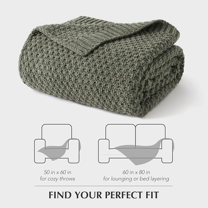 EVERGRACEHOME Chunky Chenille Knit Throw Blanket, 60x80, Dried Thyme Green | Sculpted Moss Stitch, Chic Modern Farmhouse, All-Season Warmth, OEKO-TEX® Certified, Elegant Blanket for Couch, Bed, Sofa