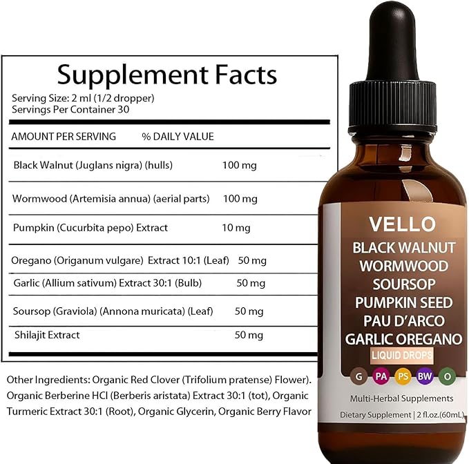 VELLO Black Walnut Wormwood Gut Cleanse | Soursop, Pumpkin Seed, PAU D'arco, Garlic Oregano, Digestion Aid & Boosts Energy, Gut Health & Absorption (2)