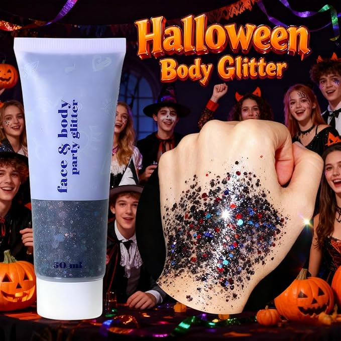 Black Body Glitter,Face Hair Glitter for Kids and Women, Chunky Sequins Glitters Makeup, Halloween Accessories (Halloween Themed)