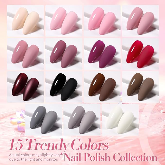 Born Pretty Red Pink Nail Polish Set, 15 Colors Red Pink Nude Black White Gray Brown Nail Polish Quick Dry Fingernail Polish Kit for DIY Nail Art Salon Home Valentines Day Gift for Women
