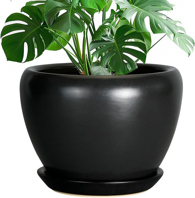 Ceramicfor Ceramic Pot for Plants - 10 Inch Plant Pot Indoor with Drainage Hole and Saucer Large Planter Decorative Planter Modern Outdoor Flower Pot for House Balcony Black