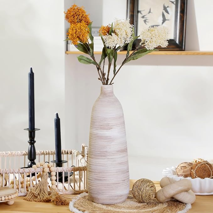 ALMA 18" Ceramic Tall Floor Vase, Boho Flower Vase for Neutral Home Decor | Cream & Brown Brushed Finish, Rustic Decorative Vase for Living Room, Entryway, Mantel, Bedroom, Seasonal Home Styling