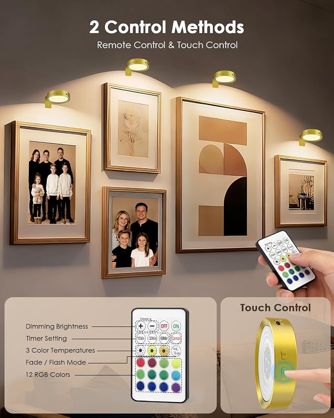 Picture Lights for Wall, Rechargeable Battery Magnetic Wall Lights with 3 Color Temps and 12 RGB, Picture Light with Remote, Dimmable and Timer, Decor Light for Painting/Frame/Art Display