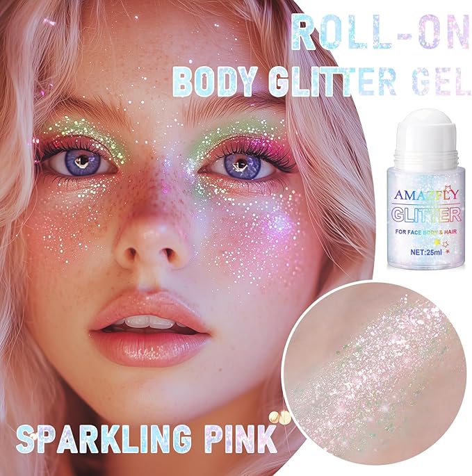 Roll-on Holographic Body Glitter Gel for Face and Hair, Chameleon Color Changing Glitter Gel Under Light, Chunky Mermaid Sequins Festival Party Rave Accessories Body Shimmer Makeup (Sparkling Pink)