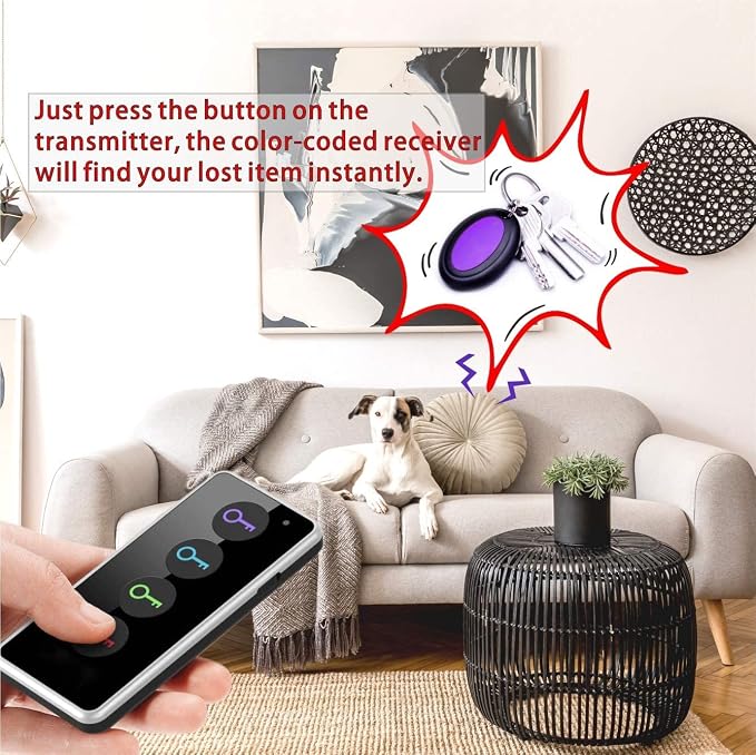 Reyke Key Finder with Sound, 131ft RF Remote Finder, 4 Receivers | 80dB+ RF Remote Control Finder With 1 Transmitter and 4 Receivers for Keys, Wallets, Phones, Glasses and Pet Collars