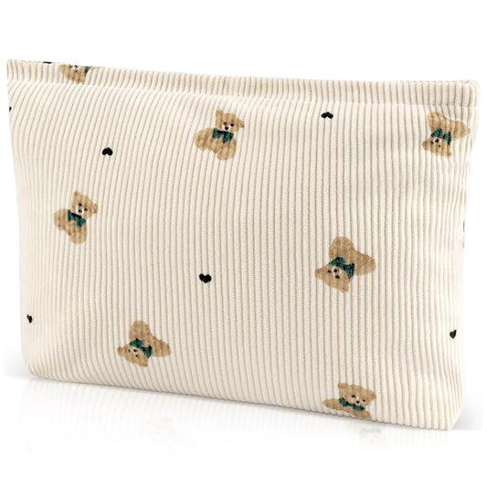 ZLFSQR Corduroy Makeup Bag for Women Small Corduroy Cosmetic Bag Large Cute Bear Travel Makeup Pouch for Purse White Cloth Cosmetic Pouch Zipper Storage Organizer Canvas Toiletry Bags