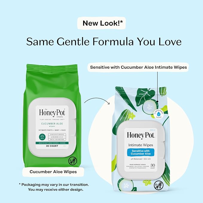 The Honey Pot Company - Sensitive w/Cucumber Aloe Feminine Hygiene Wipes - pH Balancing, Herbal Infused Plant-Based Feminine Care for Sensitive Skin - Cleansing Wipes for Women - 30ct
