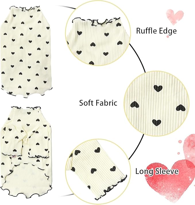 Pet Clothes for Small Dogs Cat Summer Fall Heart Print Shirt Stretchable Ruffle Long Sleeve Outfits for Chihuahua Schnauzer Shih Tzu Yorkie (Beige, X-Small)
