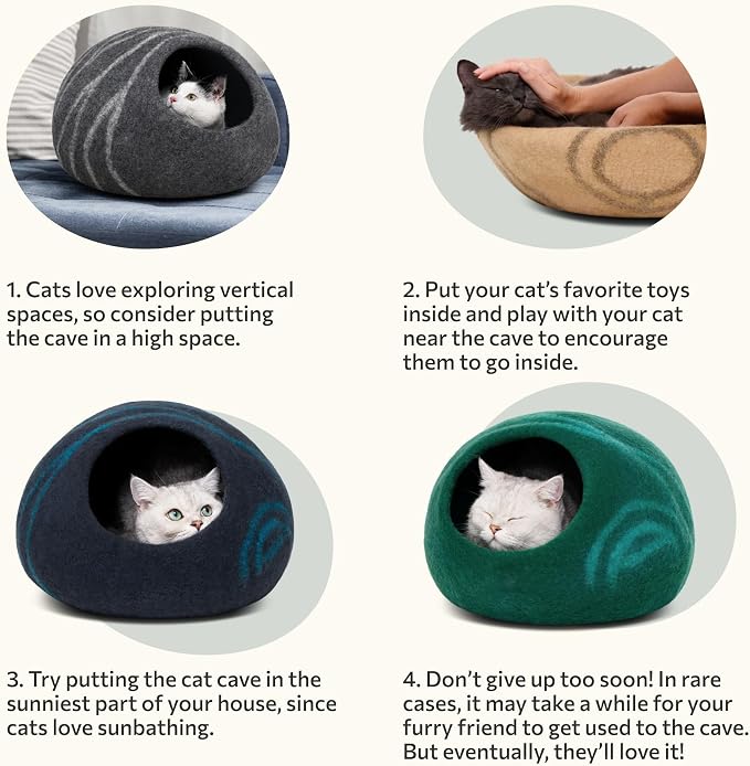 Cat Cave - Merino Wool Bed for Indoor Cats (Pistachio, Medium) | Cat Bed Enclosure, Premium Felt, Handmade, Super Soft, Lightweight, Breathable, Adjustable Shape
