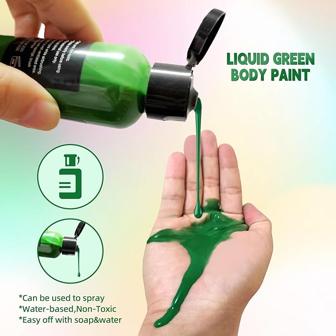 Go Ho Liquid Green Face Body Paint(2.1 oz),Green Based Water Based Face Paint and Body Paint for Airbrush Makeup Special FX, Cosplay, and Halloween Costumes Witch Hulk Makeup