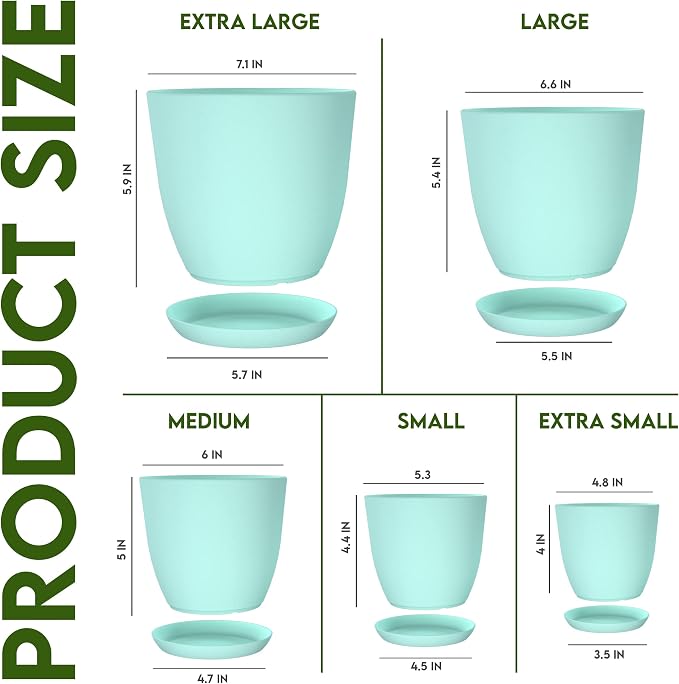 Plant Pots Indoor with Drainage, 5 Pack Multi-Size Planters Set, Aqua | Drainage holes included Multiple sizes 7/6.6/6/5.3/4.8 In Indoor plants and flowers Durable plastic construction