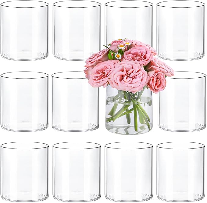 12pcs 4 Inch Clear Glass Cylinder Vases for Centerpieces | Small Flower Vases for Wedding & Home Decor, Hurricane Floating Candle Holders for Table & Shelf