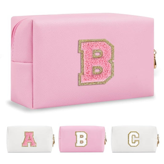 Personalized Initial A-Z Preppy Patch Makeup Bag,Small PU Leather Chenille Letter Cosmetic Bag with Zipper for Teen Girls,Pink Cute Travel Toiletry Bag,Birthday Monogrammed Gift for Daughter,Letter B