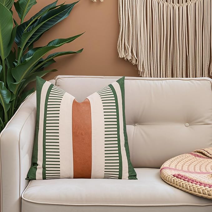 2 Pack 20x20 Pillow Covers - Brown Faux Leather & Olive Green Striped Soft Cotton, Same Pattern Both Sides | for Couch Sofa Bed, Farmhouse Industrial Decor