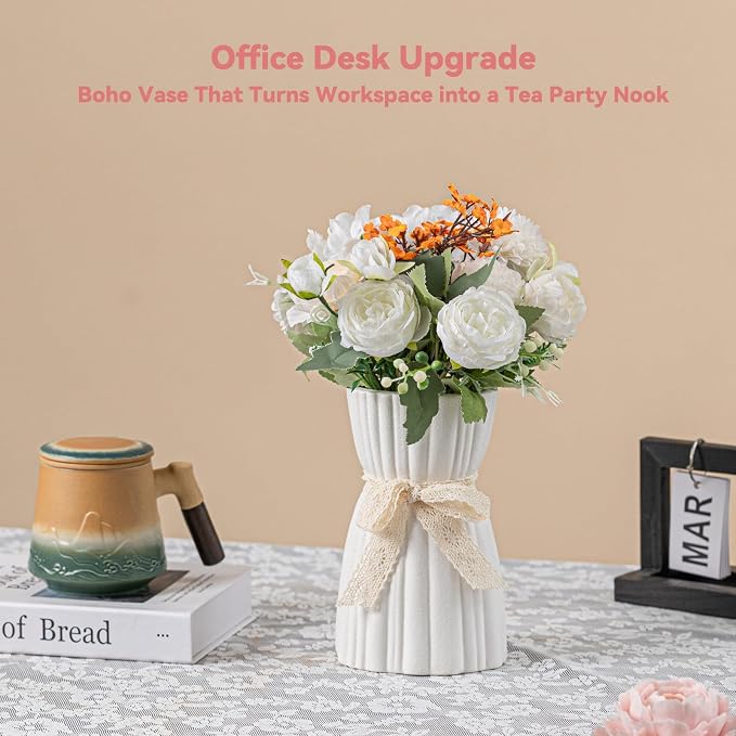 White Ceramic Vase with Lace Bow & Ribbed Texture - 7.7" Unique Flower Vase for Pampas Grass & Centerpieces, Farmhouse/Boho Decorative Vase for Living Room, Office Desk & Gift for Her/Yourself