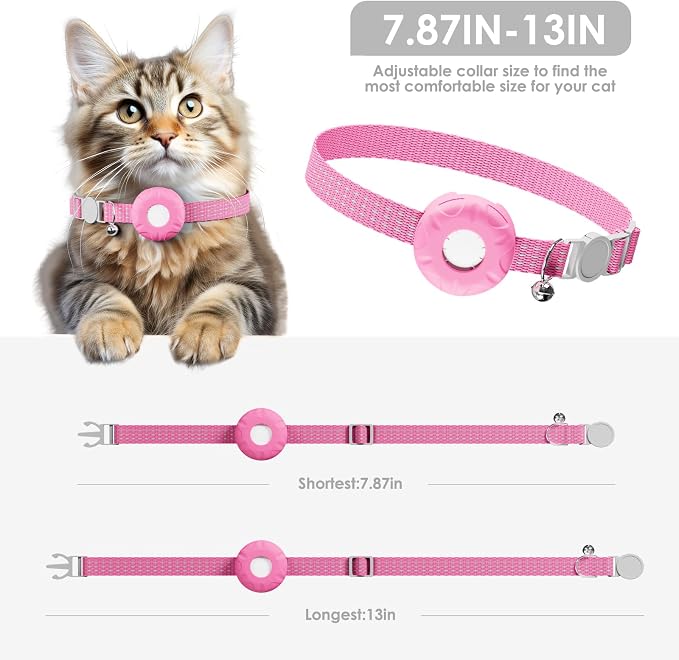 Cat Tracker, No Monthly Fee GPS Tracker, Compatible with Apple Find My App(Only iOS), Waterproof Cat Trackers Collar with Bell and Safety Elastic Buckle, Real-Time Location, Pink