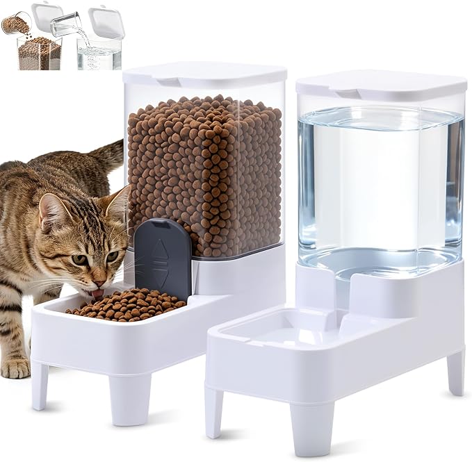 Automatic Cat Feeder and Water Dispenser Set, Top Fill Water&Food Gravity Feeder with Bowl,Easy to Hand-Washable,Elevated Base Design,Suitable for Small&Medium Cat and Dog(4L,White)