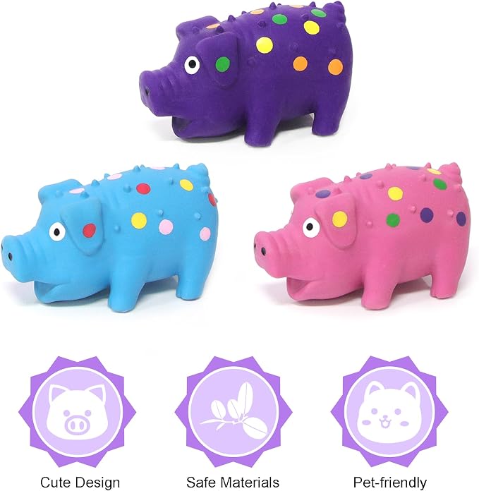 Squeaky Pig Dog Toys 3-Pack, Interactive Latex Piggy Chew Toys Set with Squeak Sounds for Teething Puppy, Small, Medium Dogs (Blue+Pink+Purple)