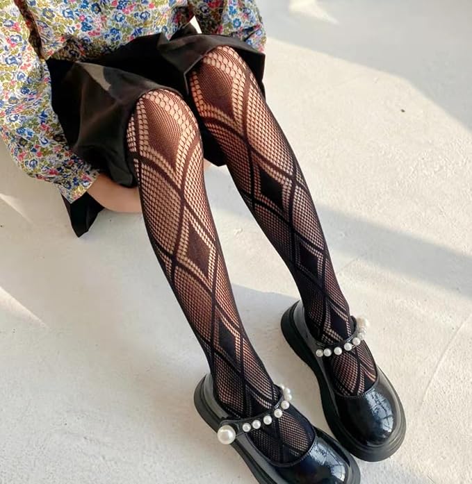 Girls Fishnet Stockings for Princess Dress High Waist Mesh Tights Cute Pattern Knit Socks