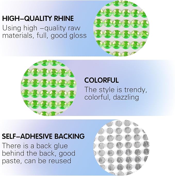 8 Sheets Rhinestone Stickers，3584 Pcs Gem Stickers for DIY Face Eyes Makeup Hair（Green-3/4/5/6mm）
