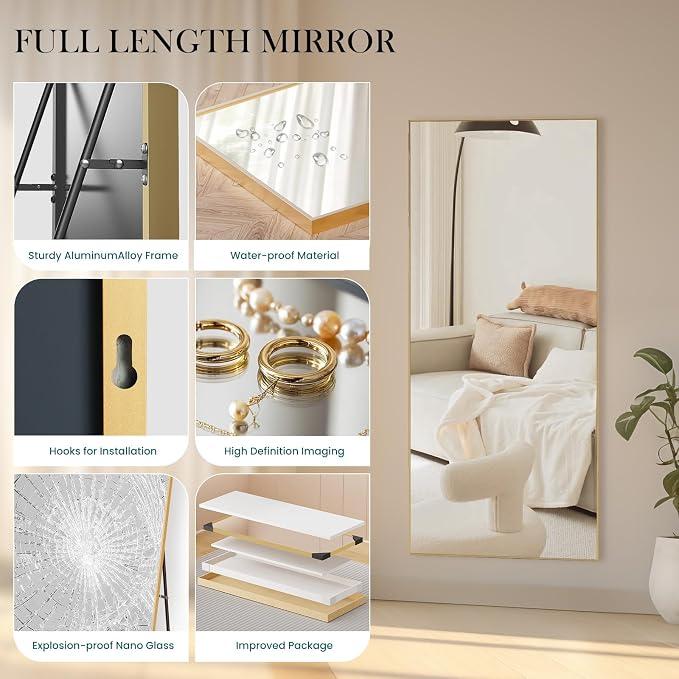 DUMOS 70.4"x25.6" Full Length Mirror with Stand, Full Body Floor Mirror | Free Standing or Wall Mount, Nano Glass Aluminum Frame, Hanging or Leaning, Modern Simple Home Decor, Gold