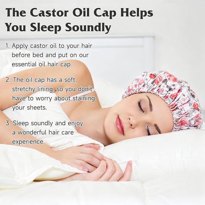 Reusable Castor Oil Hair Cap for Women, Suitable for Treating Dry, Damaged Hair, Overnight Organic Cotton Hair Cap (Oil Not Included), Red Flowers, M