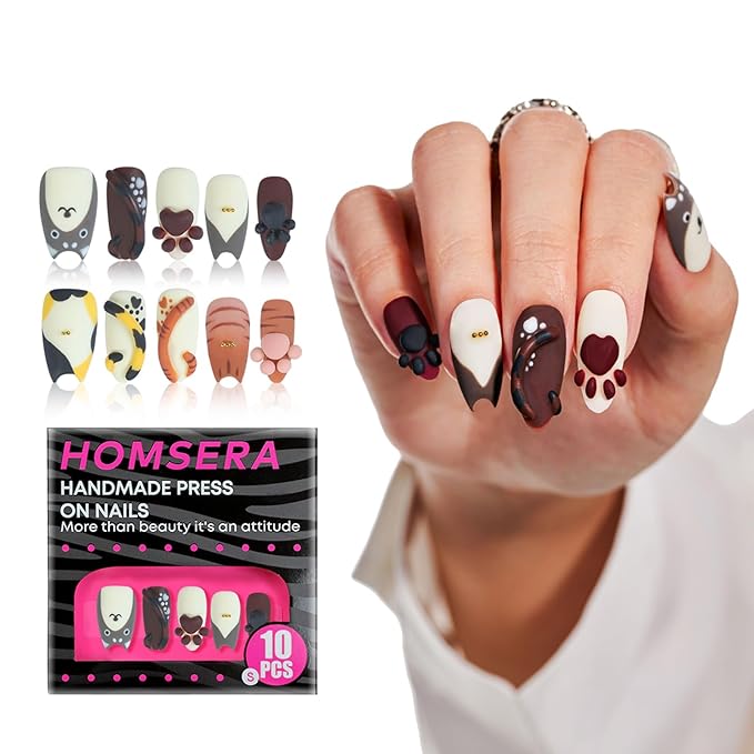 Handmade Press On Nails Almond, 3D Whimsical Kitten Design Short Fake Nails, Salon Quality Reusable, Fall/Winter Cute Gift & Party for Women, 10Pcs